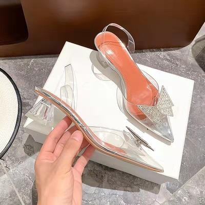 รองเท้าส้นสูง หัวแหลม ประดับโบว์คริสตัล พลอยเทียม สีเงิน แฟชั่นฤดูใบไม้ผลิ และฤดูร้อน สําหรับผู้หญิง [4 แบบ]