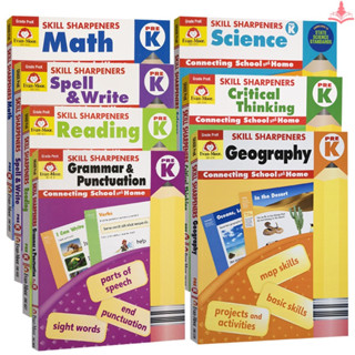 หนังสือเรียนและสมุดงานภาษาอังกฤษสำหรับเด็กอนุบาล—Kindergarten Students Childrens Textbook Workbook Exercise Book“Evan-Moor Skill Sharpeners Grade Pre K Math/Science/Spell&amp;Write/Critical Thinking/Reading/Grammar &amp; Punctuation/Geography”