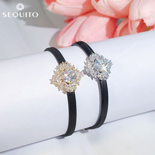 Sequito สร้อยข้อมือ กําไลข้อมือ สายหนัง ประดับเพทาย AAAAA สีขาว สีทอง เครื่องประดับ สําหรับผู้หญิง B199