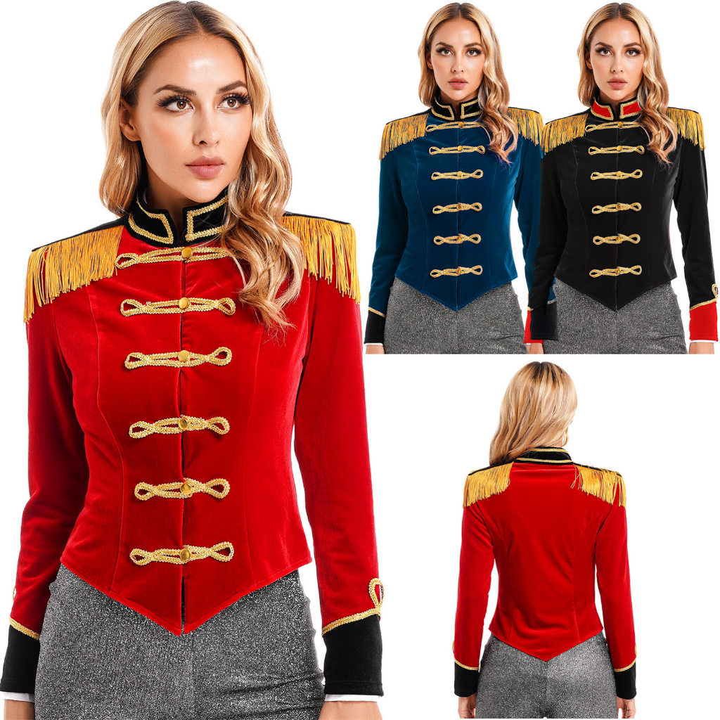 Womens Circus Ringmaster เครื่องแต่งกายฮาโลวีนคอสเพลย์เครื่องแต่งกาย Stand Collar Fringed ไหล่ Board กํามะหยี่เสื้อแจ็คเก็ต