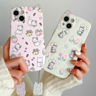 เคสโทรศัพท์มือถือ TPU นิ่ม ลายการ์ตูนกระต่าย สตรอเบอร์รี่ คิตตี้ และทิวลิป พร้อมพวงกุญแจ สําหรับ iphone 14 13 12 11 pro max 14plus 14pro 13pro 12pro 11pro XSMAX XR X 7 8 Plus