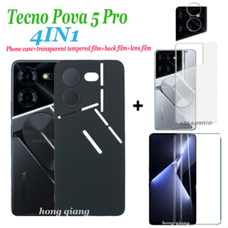 4in1 Tecno Pova 5 Pro Pova 5 Pova 4 Pova 4 Pro Pova 3 Pova 2 Pova Neo เคสโทรศัพท์ ผิวด้าน สีดํา กันกระแทก + ฟิล์มนิรภัย โปร่งใส + ฟิล์มเลนส์ + ฟิล์มด้านหลัง