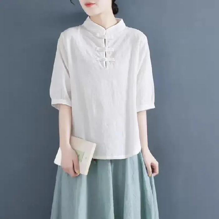 เสื้อเชิ้ตแขนสั้น ผ้าฝ้าย 100 คอตั้ง แต่งหัวเข็มขัด สไตล์จีนวินเทจ ฤดูร้อน สําหรับผู้หญิง (มีขนาดใหญ่) 2023