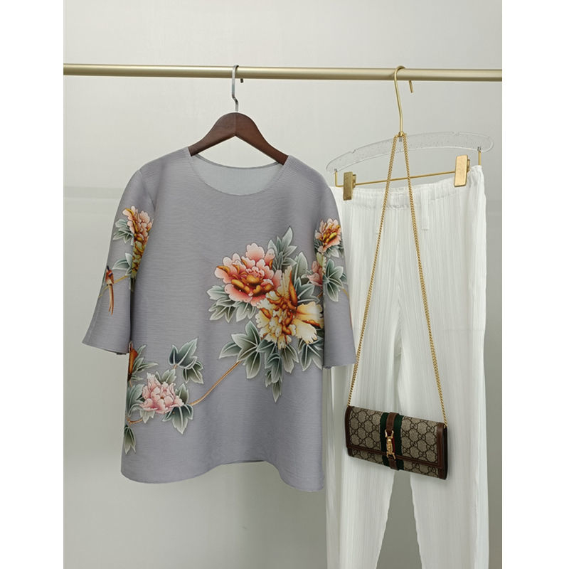 Peony พิมพ์ Miyake จีบด้านบนผู้หญิงฤดูร้อนสไตล์ใหม่แฟชั่นสไตล์จีนหลวมขนาดใหญ่ Slimmer ดู All-Match เสื้อยืด