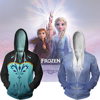 เสื้อกันหนาวลําลอง มีฮู้ดดี้ แต่งซิป ลาย Anna Elsa สําหรับผู้หญิง และเด็กผู้หญิง