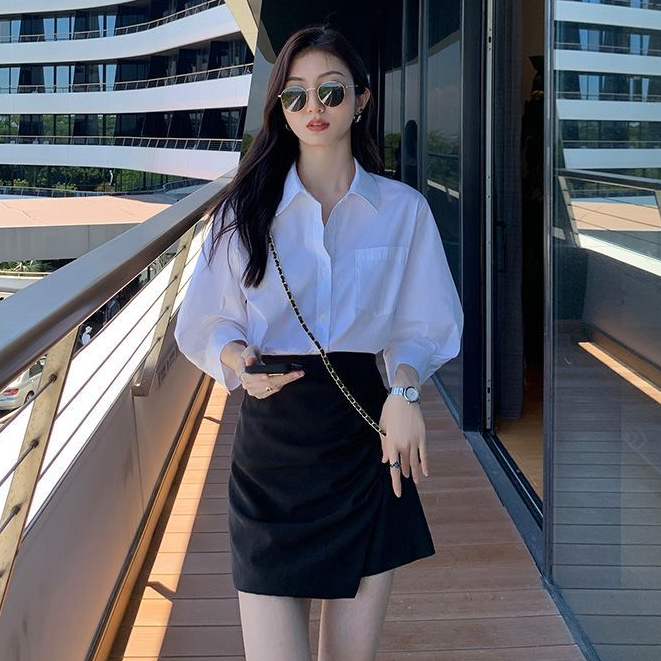 เสื้อเชิ้ตแขนสามส่วนลําลอง ทรงหลวม สีขาว แบบมืออาชีพ สไตล์เกาหลี สําหรับผู้หญิง