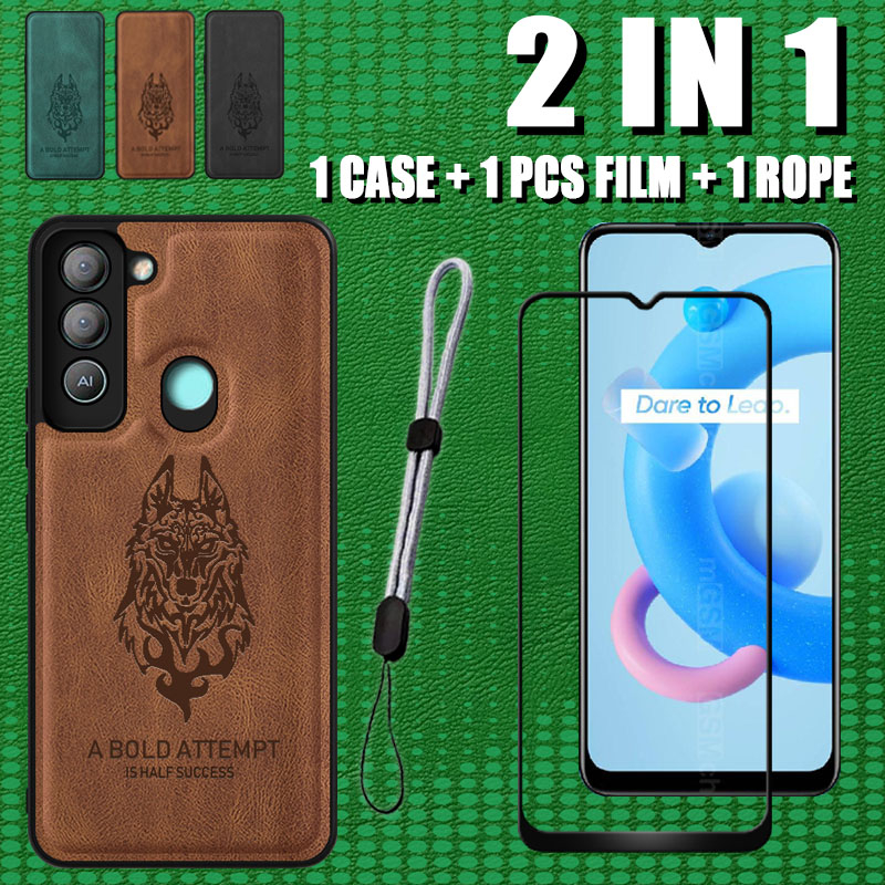 2 in 1 สําหรับ Tecno Pop 5 LTE BD4/BD4i/BD4a เคสหนังพร้อมตัวป้องกันหน้าจอเซรามิกและเชือกคล้องโทรศัพท