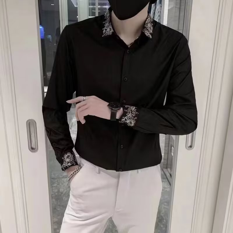 High-end Mens Long-แขนเสื้อ 2023 Light Mature สไตล์เสื้อหล่อเย็บปักถักร้อย Non-Iron สีดําเสื้อผู้ชาย High-End Tops
