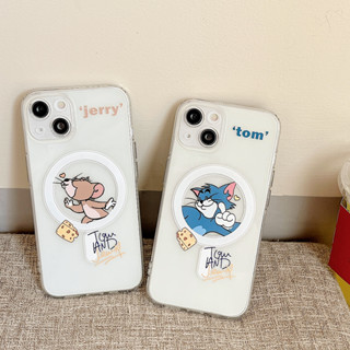 การ์ตูน น่ารัก Tom and Jerry แรงดึงดูดของแม่เหล็ก การชาร์จแบบไร้สา เคสไอโฟน 15 Pro Max เคส iPhone 14 Pro Max 12 13 Pro 15 14 Plus 11 Pro Max Case ใหม่ เรียบง่าย โปร่งใส ป้องกันการหล่น ซิลิกาเจล นุ่ม ซัมซุง เคส