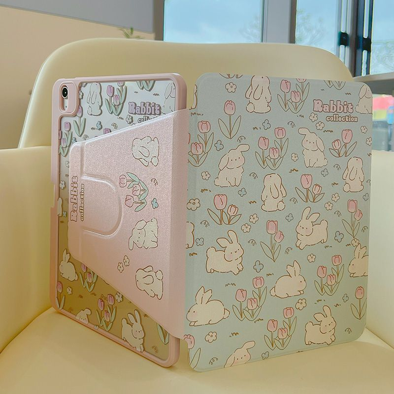 เคส iPad แม่เหล็กแบบหมุนได้ 360 พร้อมช่องเสียบปากกาเข้ากันได้กับ iPad Pro 2022/2021/2020 11 นิ้ว 2018 12.9'AIR3 10.5' iPad 10th 2022 10.9' 9th 8th 7th 10.2'AIR5 4 10.9' รุ่นปลอกทิวลิปกระต่ายน่ารัก ฝาครอบอะคริลิคขอบนุ่มป้องกันการโค้งงอ