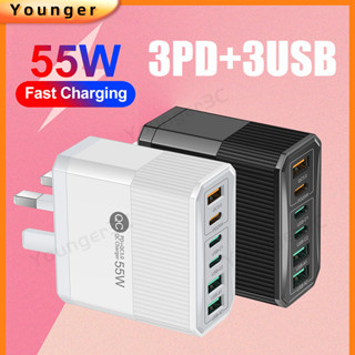 อะแดปเตอร์ชาร์จไฟ 55W QC+PD 6 พอร์ต 6A สําหรับ ios Type C Micro PD25W Flash Charging Travel Adoptor