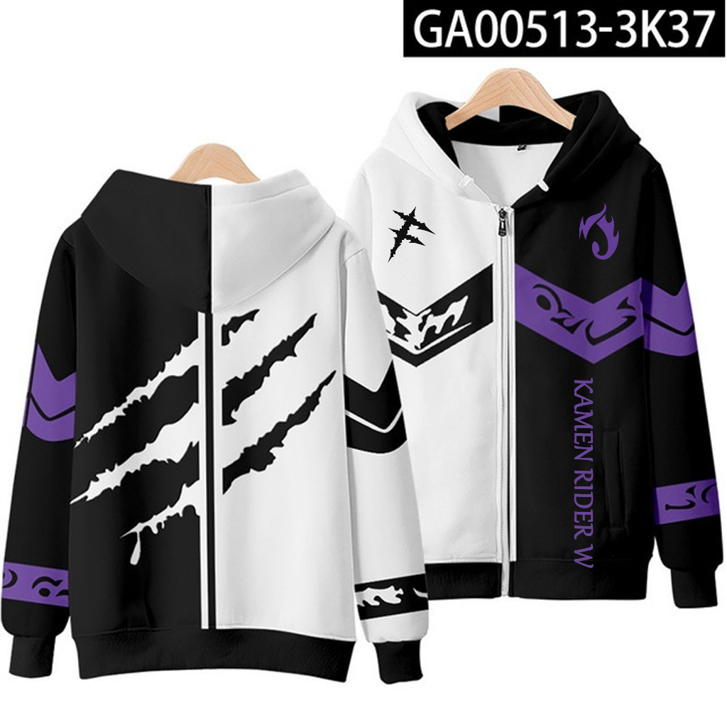 เสื้อแจ็กเก็ตกันหนาว แขนยาว มีฮู้ด แต่งซิป พิมพ์ลายอนิเมะ Kamen Rider W Joker Decade 3 มิติ แฟชั่นฤดูใบไม้ร่วง และฤดูหนาว สําหรับเด็กผู้ชาย และผู้หญิง