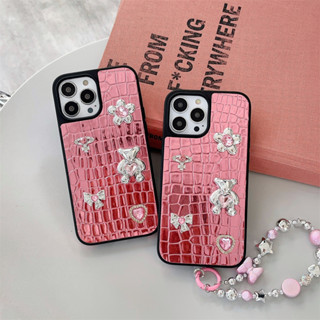 เคสโทรศัพท์มือถือ ลายหมี สีโรสโกลด์ พร้อมสายคล้องมือ สําหรับ iPhone 15ProMax 14ProMax 13 12 ProMax iPhone11