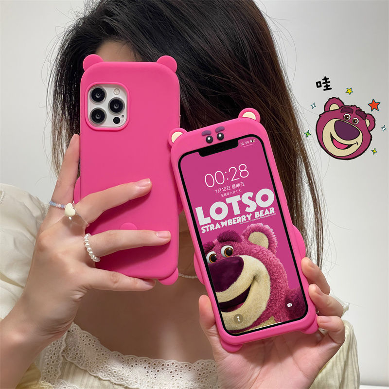เคสโทรศัพท์มือถือ ซิลิโคนนุ่ม ลายการ์ตูนหมีสตรอเบอร์รี่ 3D สําหรับ Iphone 7 8 plus 11 12 13 14 15 Pro X XR XS Max plus