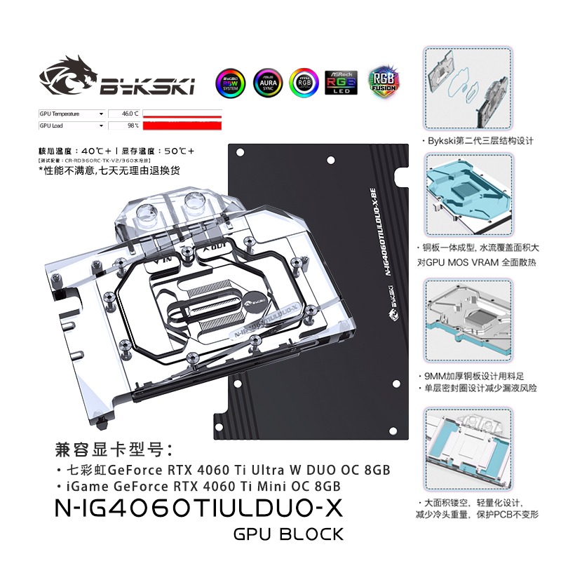 Bykski GPU Block ใช้สําหรับสีสัน GeForce RTX 4060 Ti Ultra W OC 8G กราฟิกการ์ดระบายความร้อนด้วยน้ํา/