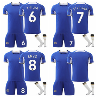 เสื้อกีฬาแขนสั้น ลายทีมชาติฟุตบอล Chelsea Home Enzo Fernandez Thiago Silva Sterling 2023-24 ชุดเหย้า สําหรับเด็ก และผู้ใหญ่