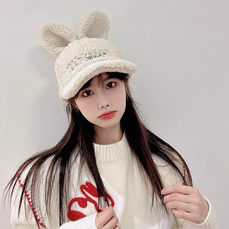 หมวกเบสบอล ผ้าวูล แบบหนา แต่งหูกระต่ายน่ารัก ให้ความอบอุ่น เข้ากับทุกการแต่งกาย แฟชั่นฤดูใบไม้ร่วง และฤดูหนาว สไตล์เกาหลี สําหรับผู้หญิง และนักเรียน