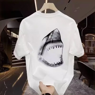 ใหม่ เสื้อยืดลําลอง แขนสั้น พิมพ์ลายตัวอักษรปลาฉลาม สองด้าน ทรงหลวม สไตล์เกาหลี ฮ่องกง สําหรับผู้ชาย