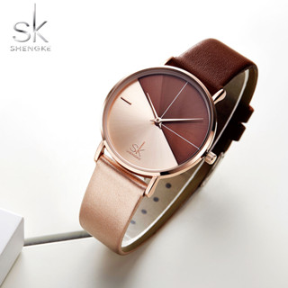 Sk ใหม่ นาฬิกาข้อมือ หน้าปัดสีตัดกัน เรียบง่าย สองสี สําหรับผู้หญิง 0095