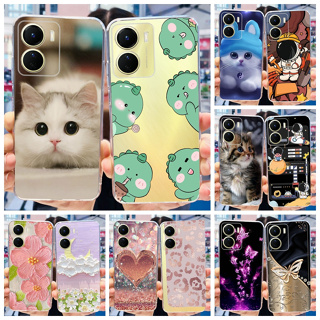 เคสโทรศัพท์ซิลิโคน TPU แบบนิ่ม ลายแมว และดอกไม้น่ารัก สําหรับ Vivo Y16 2022 Y16 Y 16 4G V2204 V2214