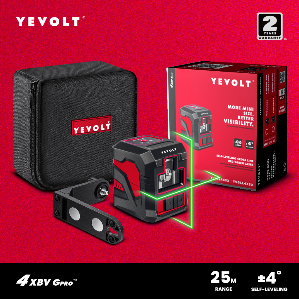 Yevolt YVGLL4XS2B1 เลเซอร์วัดระดับสาย 2 สาย สีเขียว พร้อมเมาท์แม่เหล็ก มองเห็นได้ชัด ระดับตนเอง และเ