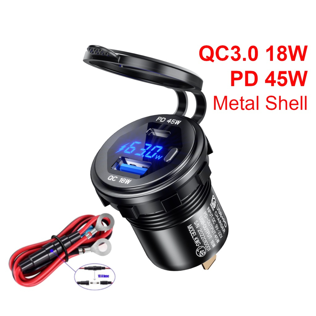 45W PD Type-C QC3.0 USB Car Charger Socket 12/24V Fast Charging Voltmeter สวิทช์โลหะทั้งหมดสําหรับรถ