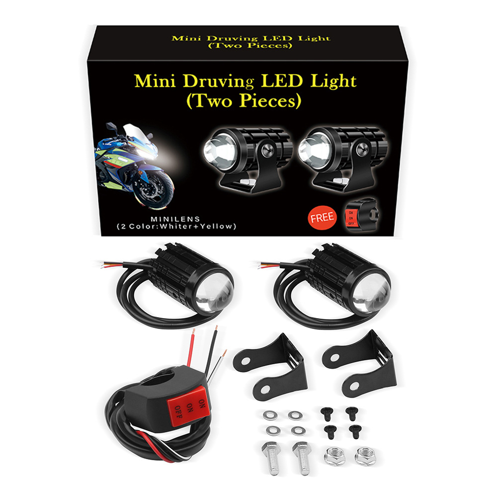 【With box+switch】2 PCS Motorcycle Mini Driving Lights High Low Yellow/White LED Headlight Waterproof Universal High quality Spotlight led light 20W * 2 with Domino 3 Way Switch for Motorcycle