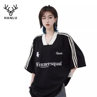 Hanlu เสื้อยืดแขนสั้น ทรงหลวม สีตัดกัน สไตล์อเมริกัน สตรีท สําหรับผู้ชาย และผู้หญิง