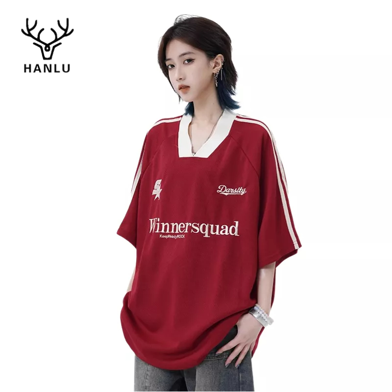 Hanlu เสื้อยืดแขนสั้น ทรงหลวม สีตัดกัน สไตล์อเมริกัน สตรีท สําหรับผู้ชาย และผู้หญิง