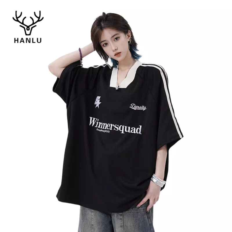 Hanlu เสื้อยืดแขนสั้น ทรงหลวม สีตัดกัน สไตล์อเมริกัน สตรีท สําหรับผู้ชาย และผู้หญิง