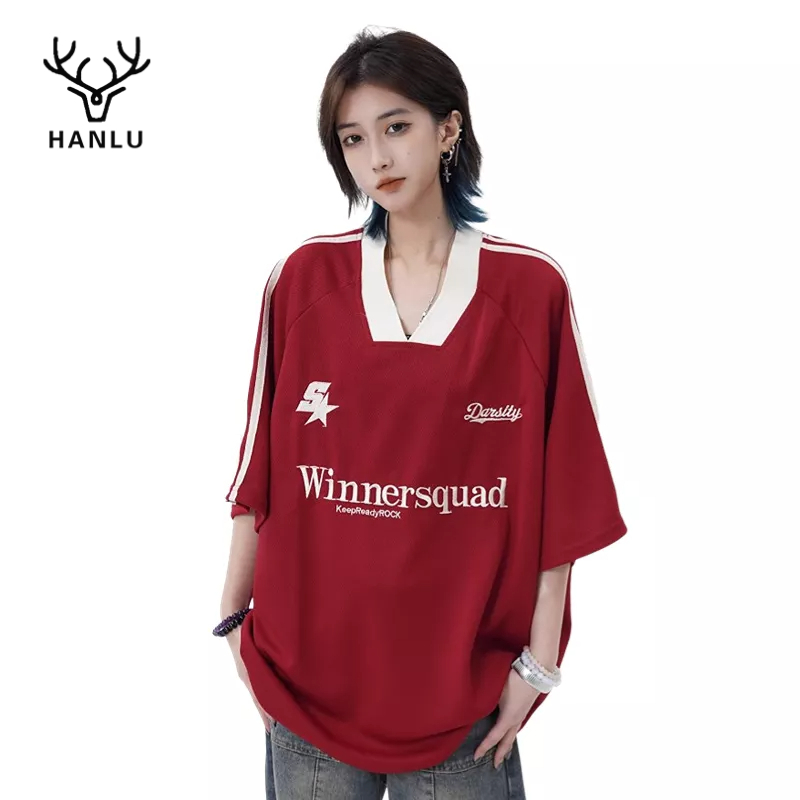 Hanlu เสื้อยืดแขนสั้น ทรงหลวม สีตัดกัน สไตล์อเมริกัน สตรีท สําหรับผู้ชาย และผู้หญิง