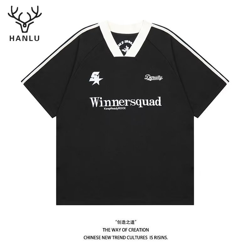 Hanlu เสื้อยืดแขนสั้น ทรงหลวม สีตัดกัน สไตล์อเมริกัน สตรีท สําหรับผู้ชาย และผู้หญิง