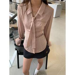 Xiaozhainv เสื้อเชิ้ตแขนยาว ลายทาง ผูกเอว แบบบาง ออกแบบดี แฟชั่นใหม่ สําหรับผู้หญิง