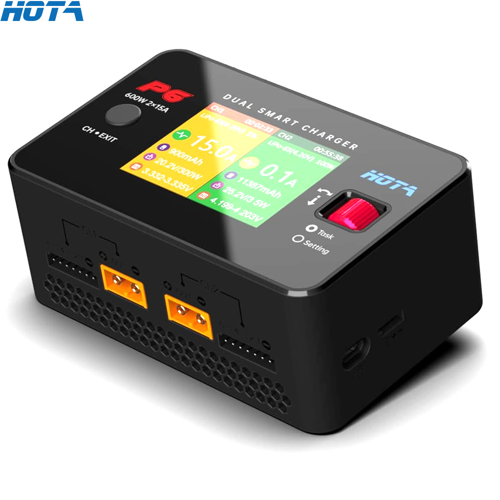 Hota อุปกรณ์ที่ชาร์จแบตเตอรี่ P6 DC600W 300W x2 15A x2 T240 AC240W ช่องคู่ สําหรับโดรนบังคับ Lipo Li