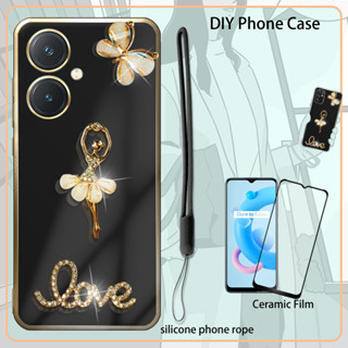 เคสเคลือบไฟฟ้า ประดับพลอยเทียม พร้อมฟิล์มเซรามิค และสายคล้อง สําหรับ VIVO Y27