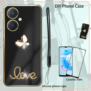 เคส 3D สําหรับ VIVO Y27 เคสเคลือบไฟฟ้า พร้อมฟิล์มกันรอยหน้าจอ และสายคล้องซิลิโคน และพลอยเทียม วิบวับ