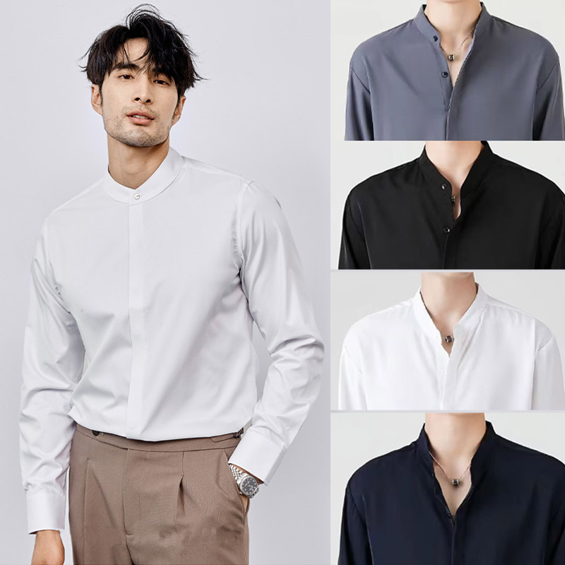 เสื้อคอจีน แขนยาว สีธรรมดา แฟชั่นเกาหลี เสื้อเชิ้ตแขนยาว ผู้ชาย ทำงาน สีขาว เนื้อผ้านุ่ม ใส่สบาย ไม่ร้อน ไม่ต้องรีดด