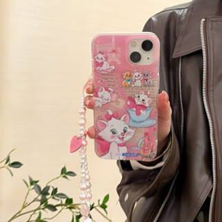 เคสโทรศัพท์มือถือ ลายการ์ตูนแมวแมรี่น่ารัก สีชมพู พร้อมสายโซ่ลูกปัด สําหรับ iPhone 15 Pro max 14Pro max 15 Pro 13Pro max 12Pro max 14Pro 13Pro 12Pro 11 12 13 14 15 เคสแข็ง ขอบนิ่ม