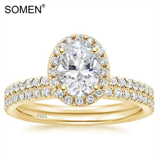 Somen แหวนเงินแท้ 925 ประดับเพทาย 1.5CT ทรงวงรี สีทอง สําหรับผู้หญิง ไซซ์ 4-11