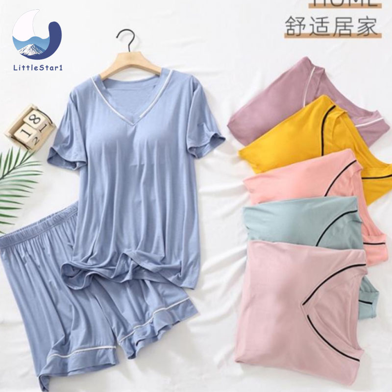 (มีฟองน้ํา) ชุดนอนเรียบหรู，ชุดนอนสีทึบ，มาพร้อมกับแผ่นรองหน้าอก， ผ้าฝ้ายที่ใส่สบาย，6 สี，แฟชั่นคอวี，M-2XL【LittleStar1】