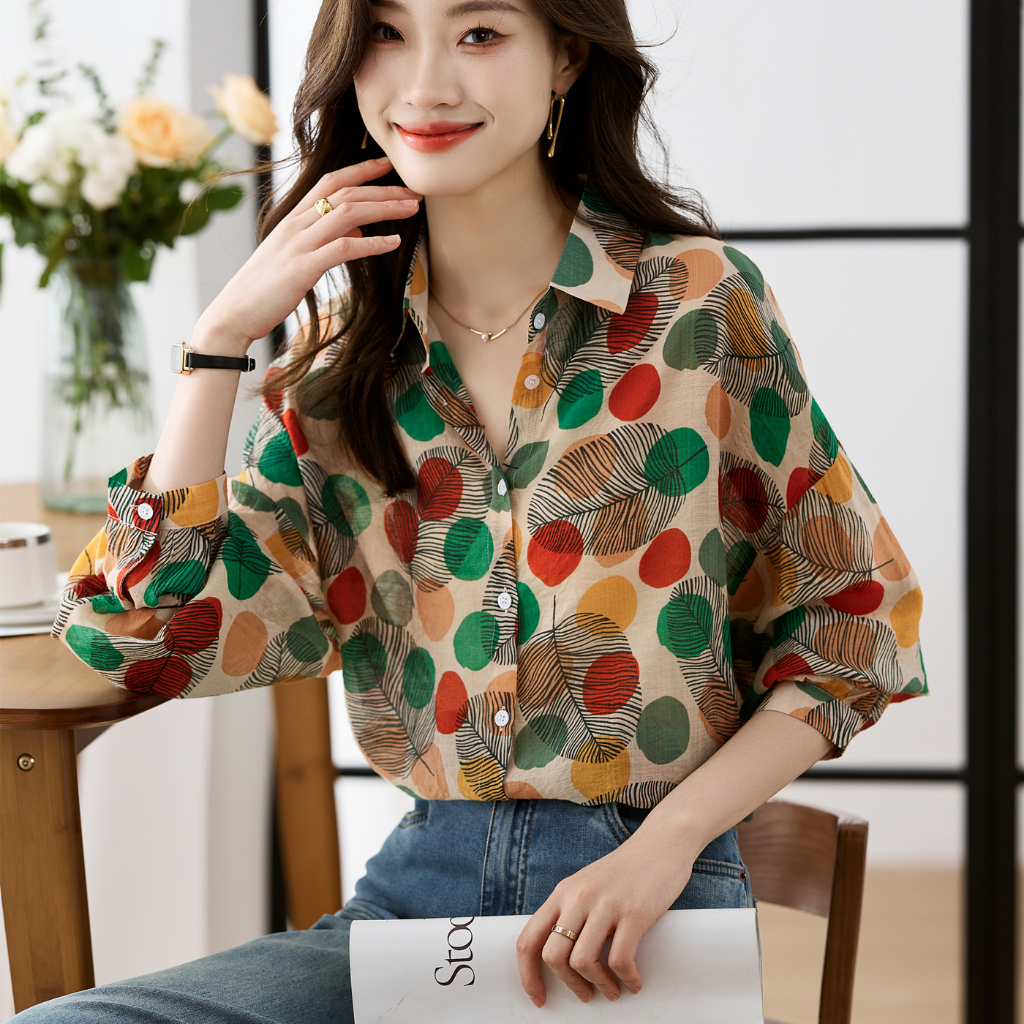 เสื้อเชิ้ตแขนยาวลําลอง คอปก ผ้าชีฟอง พิมพ์ลายดอกไม้ และใบไม้ ทรงหลวม เข้ากับทุกการแต่งกาย แฟชั่นฤดูร้อน สไตล์เรโทร สําหรับผู้หญิง