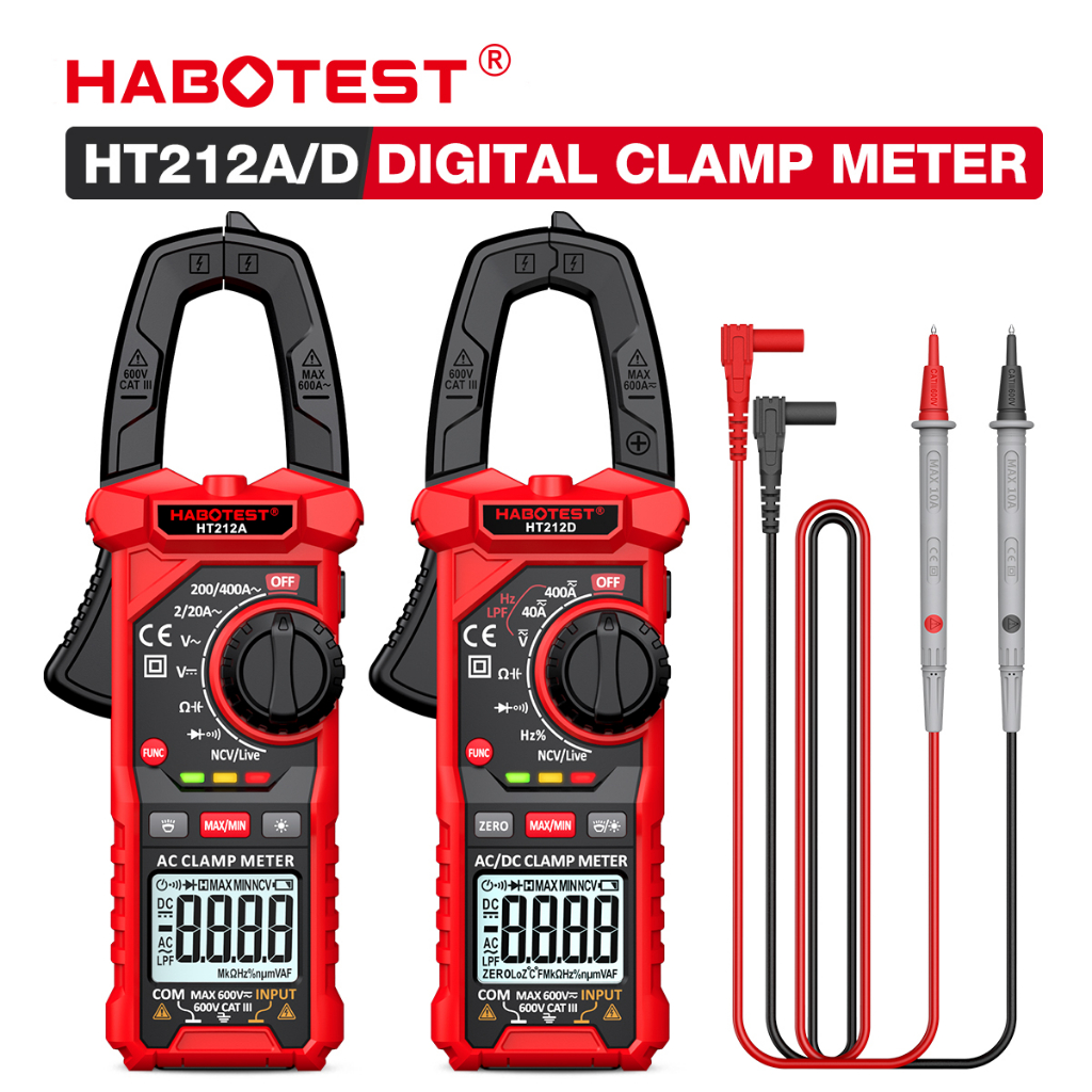 Habotest HT212 แคลมป์มิเตอร์ดิจิทัล หน้าจอสี ขนาดใหญ่ 4000 แอมป์ 400A Hz NCV โอห์ม สําหรับรถยนต์