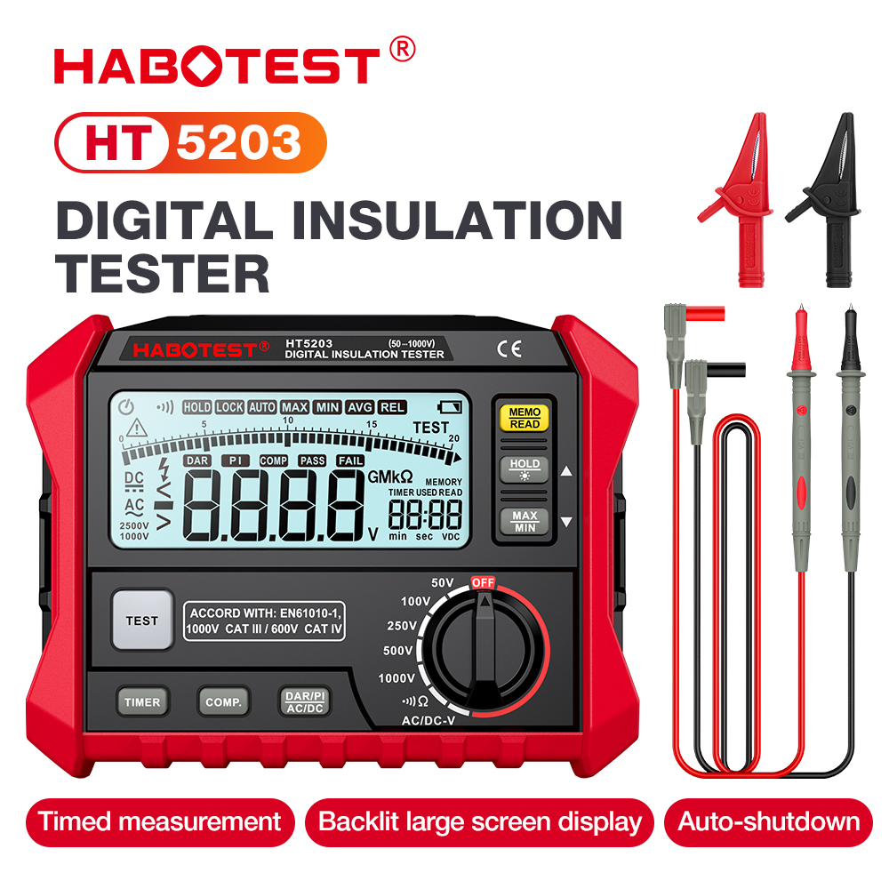 Habotest HT5203 เครื่องทดสอบแรงดันไฟฟ้าดิจิทัล AC DC หน้าจอ Lcd ความละเอียดสูง ขนาดใหญ่ พร้อมจอแสดงผ