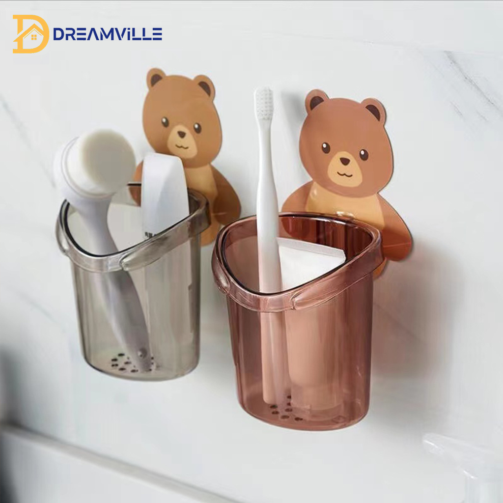 Dream Ville ที่วางแปรงสีฟัน ยาสีฟัน หมีน้อย ชั้นวางของในห้องน้ำติดผนัง กล่องเก็บอุปกรณ์อาบน้ำ ลายหมีน้อยน่ารัก