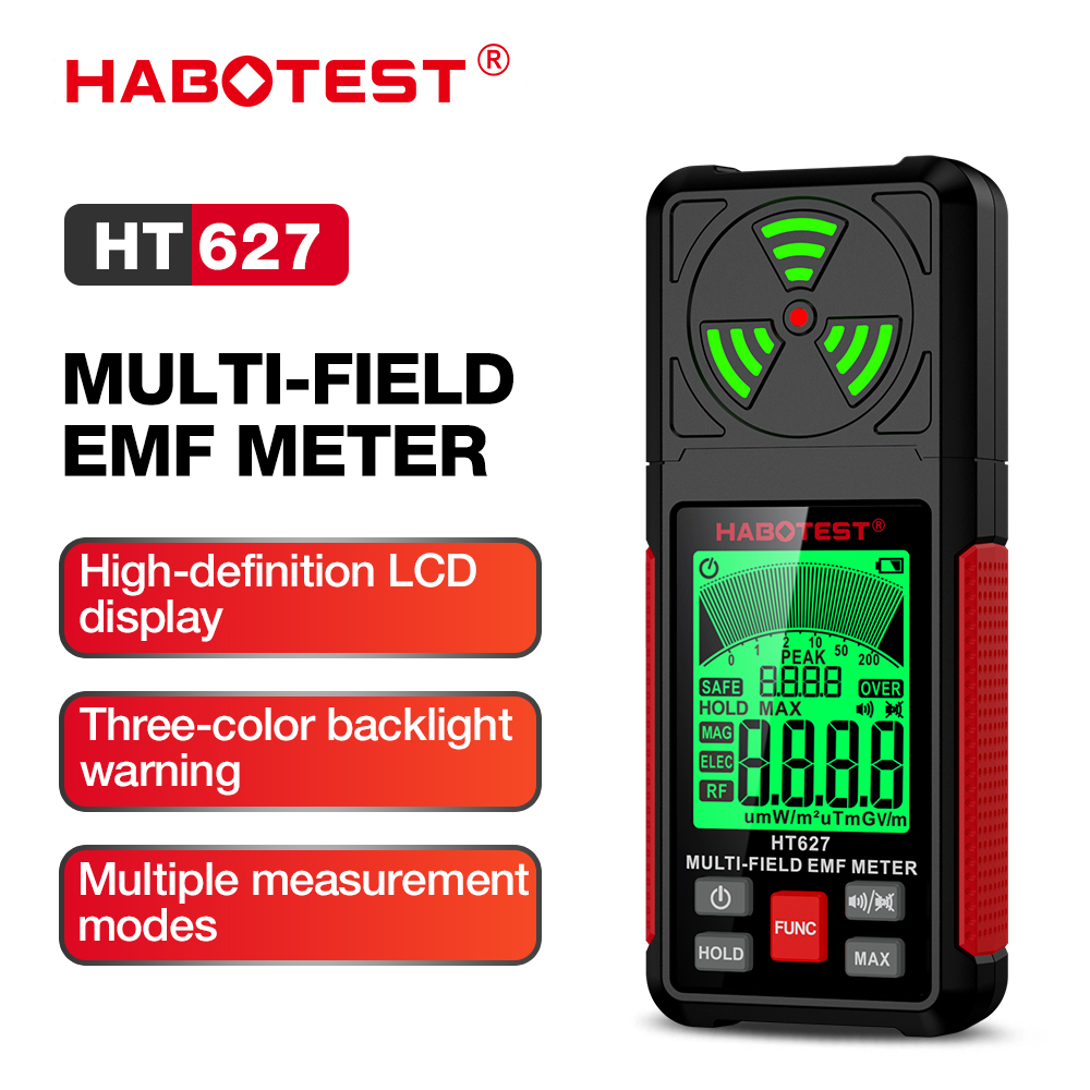 HABOTEST HT627 เครื่องวัด Emf หน้าจอ LCD ความคมชัดสูง มีไฟแบ็คไลท์ สามสี
