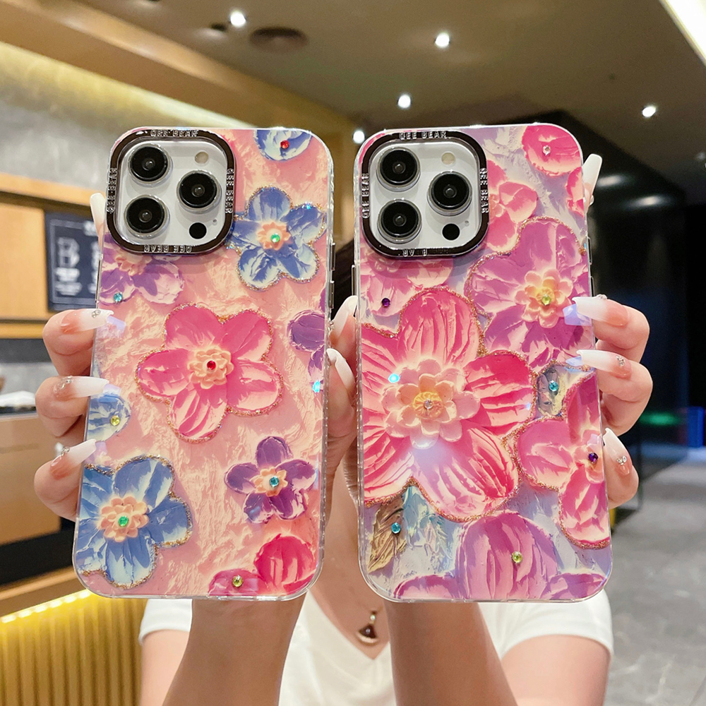 เคสโทรศัพท์มือถือแบบนิ่ม กันกระแทก แต่งกลิตเตอร์ ลายดอกไม้ ขนาดใหญ่ แฟชั่นหรูหรา สําหรับ iPhone 15 Pro Max 14 Plus 13 12 11 Pro Max 15promax