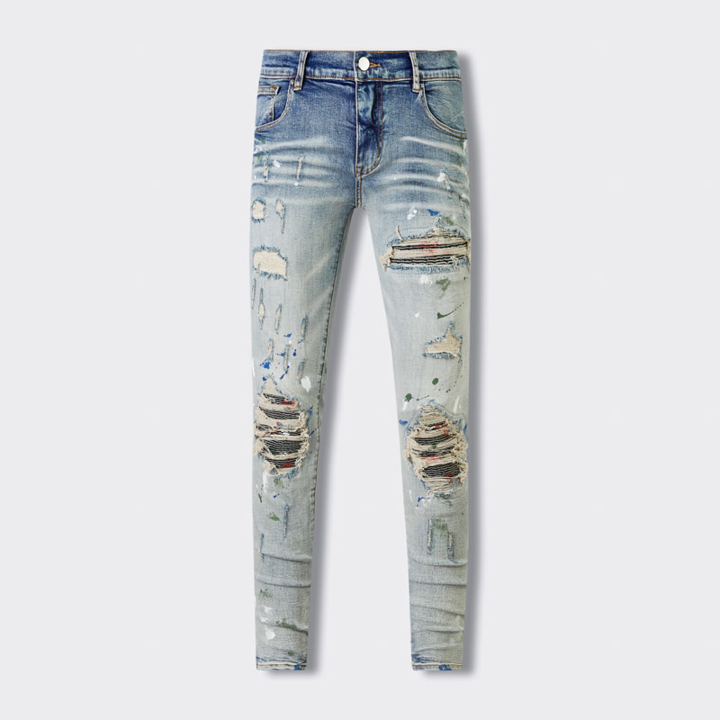 Amiri New High Street แฟชั่นผู้ชายกางเกงยีนส์วินเทจแสงสีฟ้าแพทช์ออกแบบงานฝีมือที่มีคุณภาพสูงเทรนด์ผู้ชายฮิปฮอป
