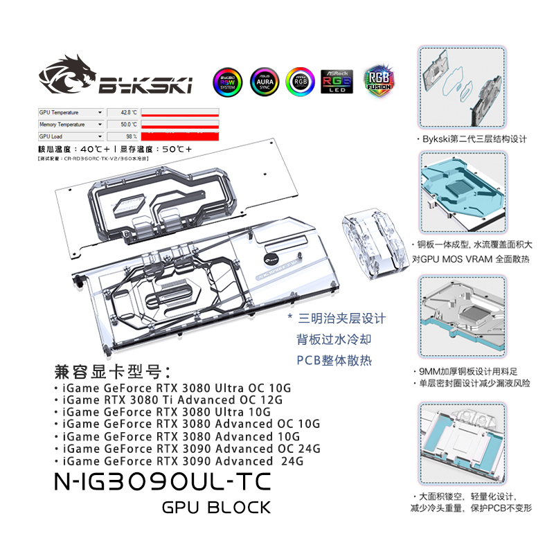 Bykski N-IG3090UL-TC GPU Water Block สําหรับสีสัน iGame RTX3080/3090 Ultra/3080TI Advanced OC Video Card Backplate Cooling