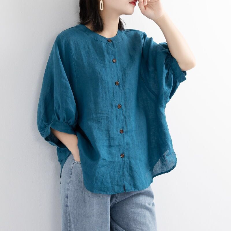 เสื้อเชิ้ตแขนกลางลําลอง ผ้าฝ้าย และผ้าลินิน ทรงหลวม สไตล์เกาหลีวินเทจ ไซซ์ M-3XL สําหรับผู้หญิง