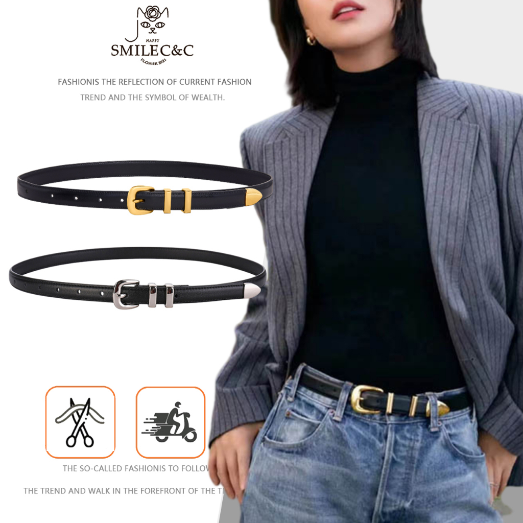SmileFairyCC【COD & พร้อมส่ง】คุณภาพสูง Taurillon หนัง western medium เข็มขัดผู้หญิงกลางเข็มขัด Double Click Buckle สำหรับกางเกงยีนส์ ฮิต